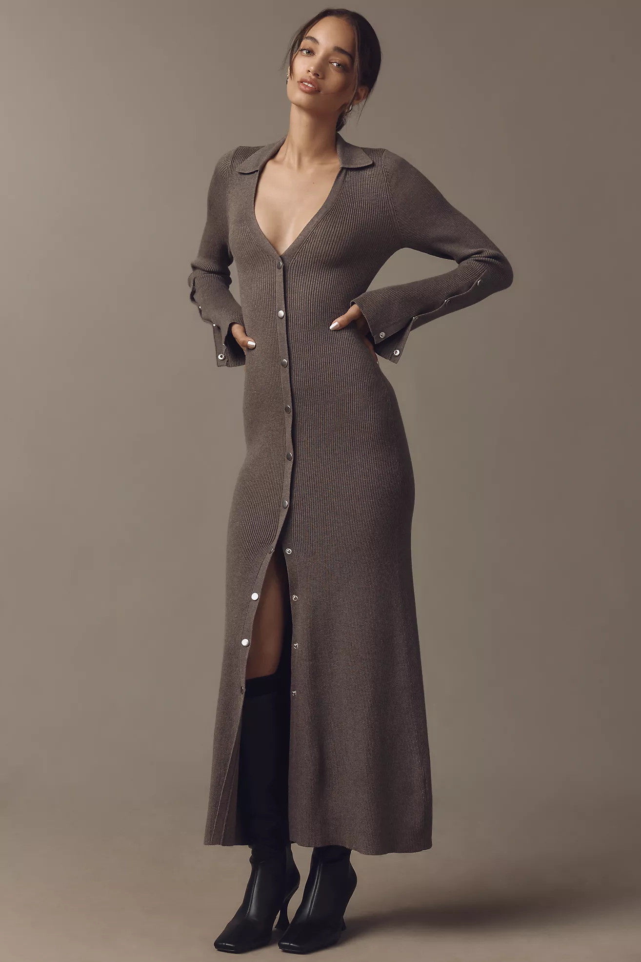 By Anthropologie Long-Sleeve V-Neck Snap-Front Knit Maxi Dress | Anthropologie (US)