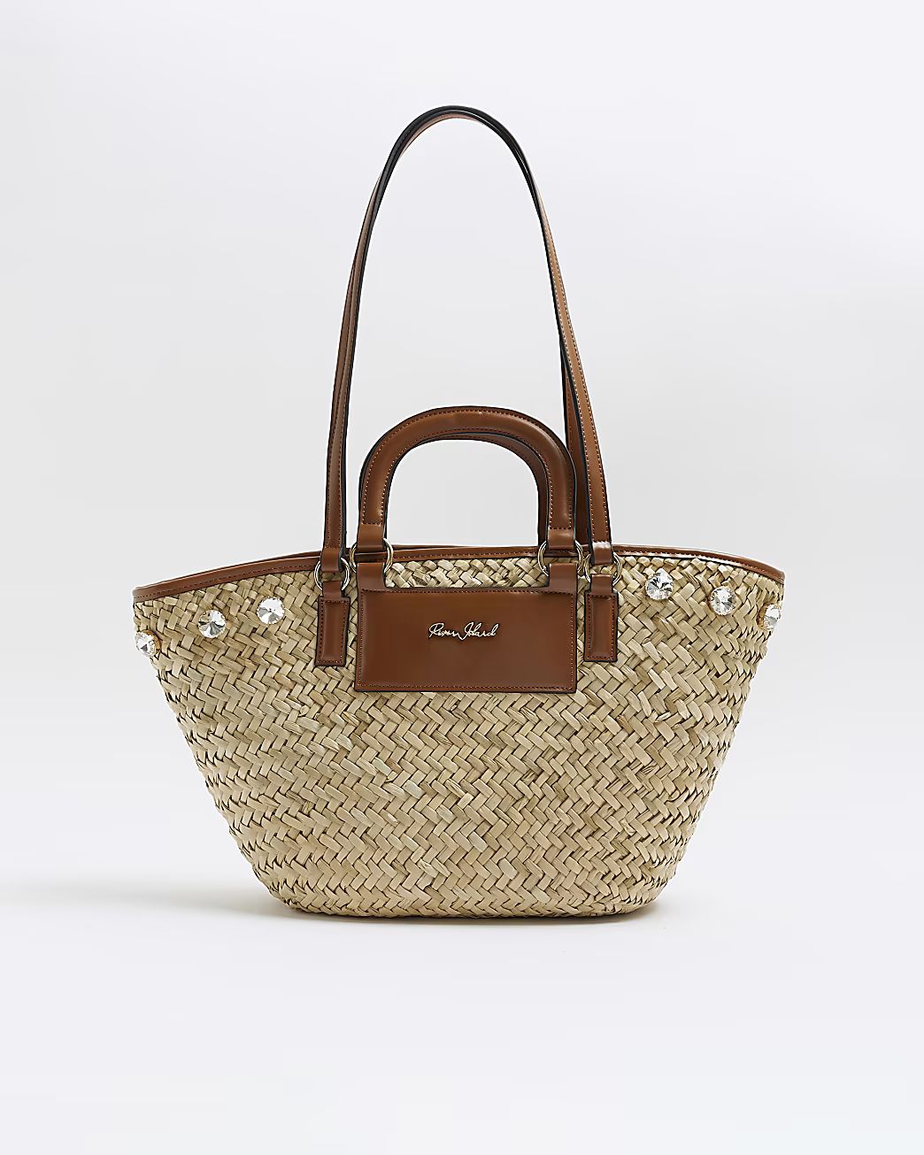 Brown raffia embellished basket bag | River Island (US)