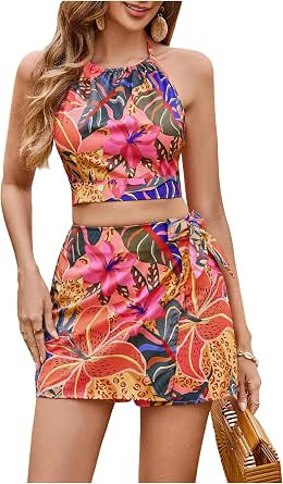 SweatyRocks Women's Tie Backless Tropical Print Halter Top and Shorts 2 Piece Vacation Outfits | Amazon (US)