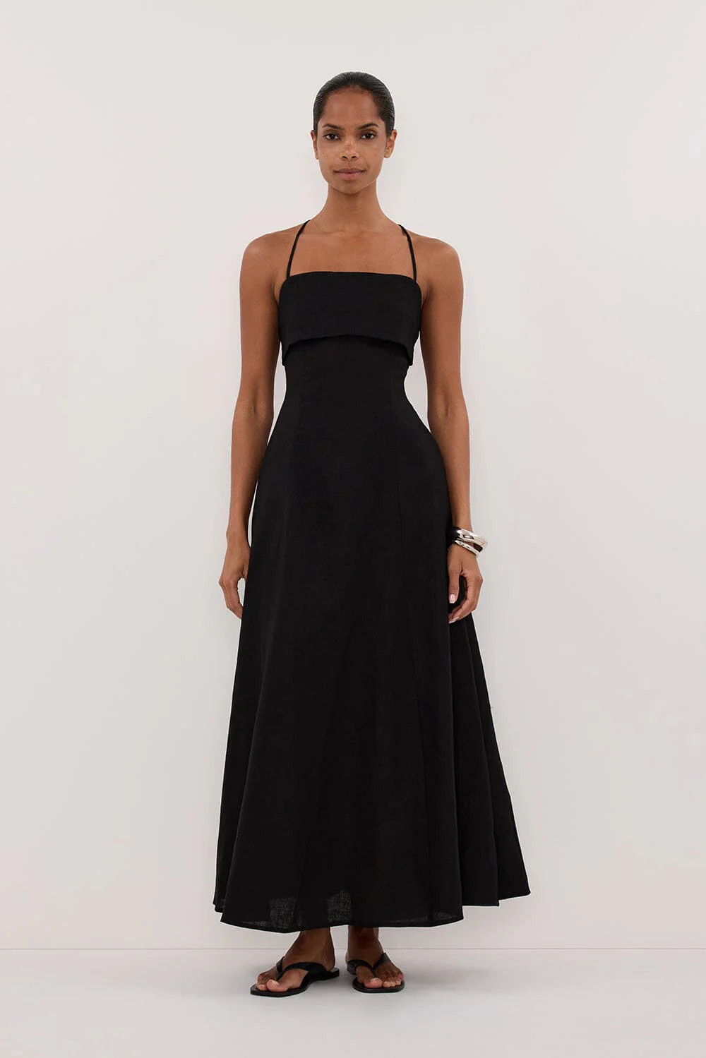 DANIELLA BLACK LINEN TIE BACK MIDI DRESS | DISSH