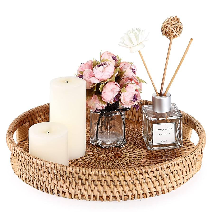 Hipiwe 10" Round Rattan Serving Tray with Handles, Hand-Woven Decorative Organizer Tray for Stora... | Amazon (US)