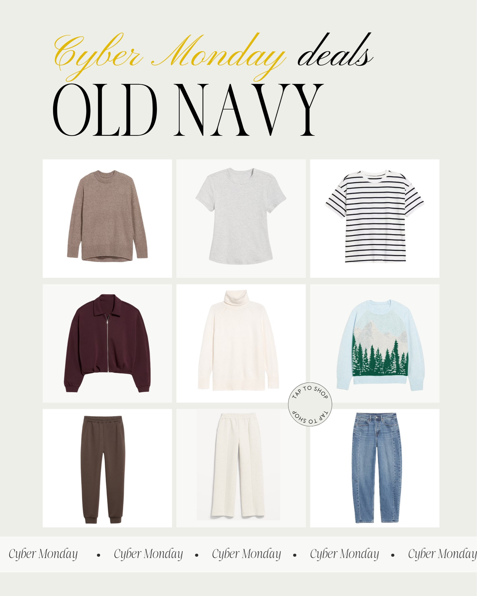 Cyber Monday // cyber deals // sale // cyber sale // Christmas // Christmas gift // sweater // shirt // pants // basics // jeans // old navy // must haves 

#LTKSaleAlert #LTKSeasonal #LTKCyberWeek