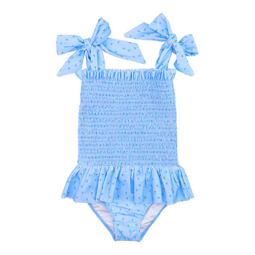 Blue Rosebud Smocked Lycra Swimsuit - Shipping Late May | Cecil and Lou
