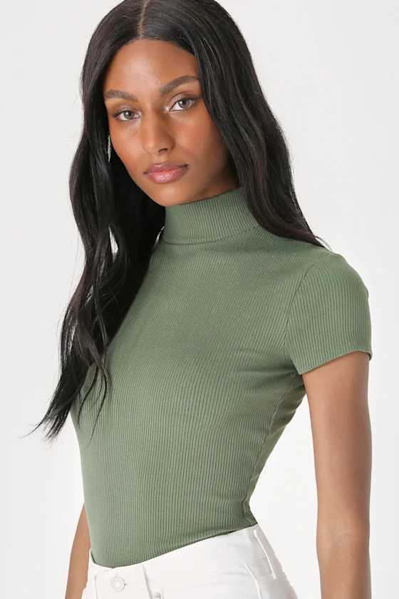 Never-ending Trend Olive Green Ribbed Mock Neck Bodysuit | Lulus (US)