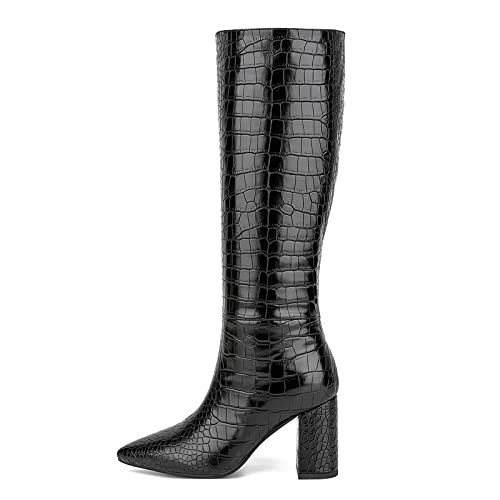 Lumeheel Black Knee High Boots for Women - Pointed Toe Chunky Heel Crocodile Boots with Side Zip Women's Fashion Tall Boots 9.5M | Amazon (US)
