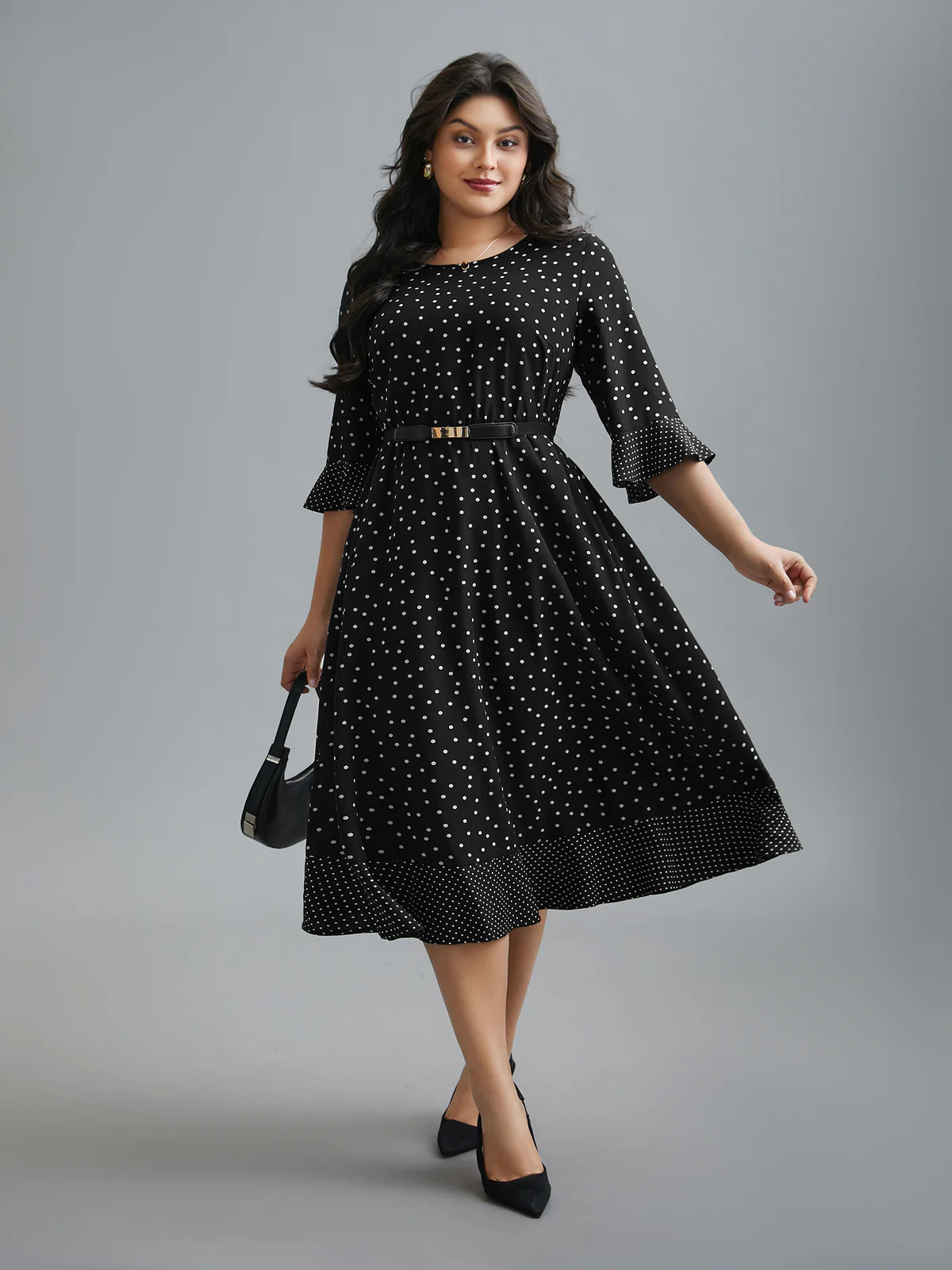 Crew Neck Polka Dot Waist Cinched Dress | Bloomchic