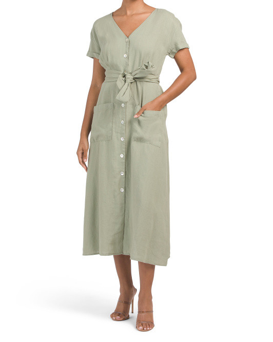 Linen Short Sleeve Belted V-neck Midi Dress | TJ Maxx