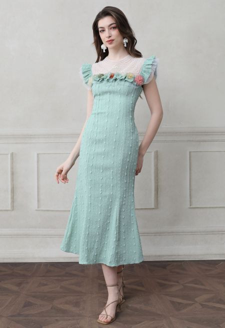 3D Floral Pearl Mesh Spliced Sleeveless Mermaid Dress | Chicwish