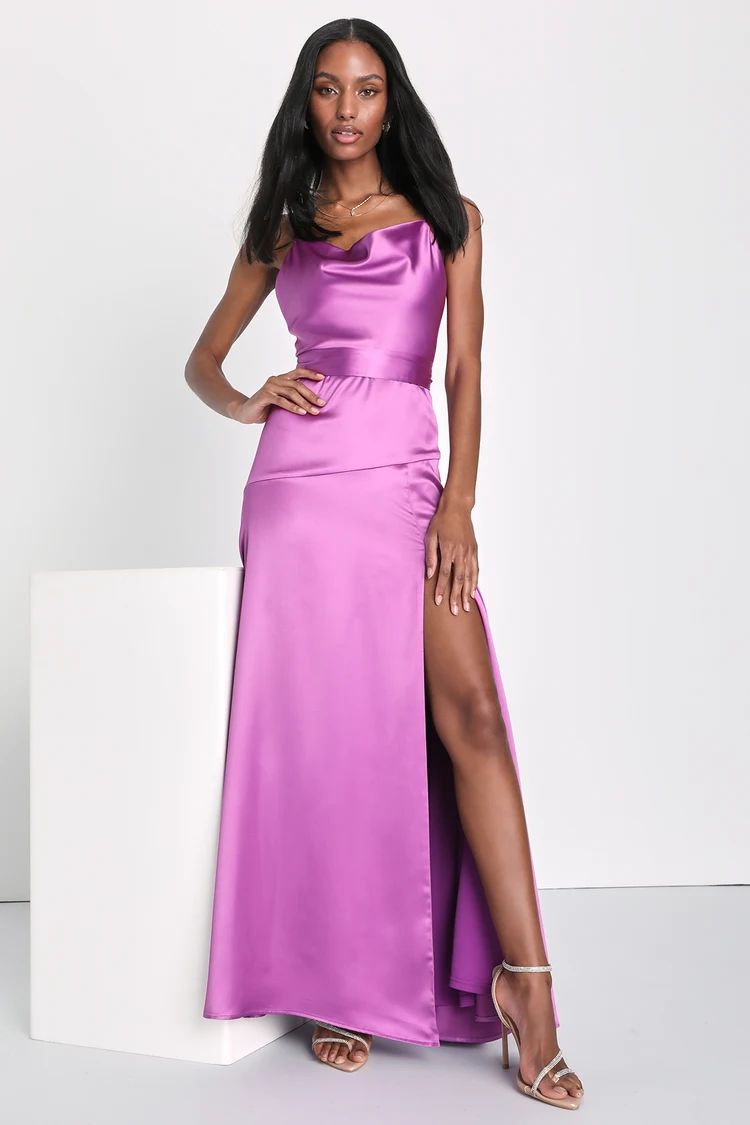 Wonderful Allure Purple Satin Backless Cowl Neck Maxi Dress | Lulus