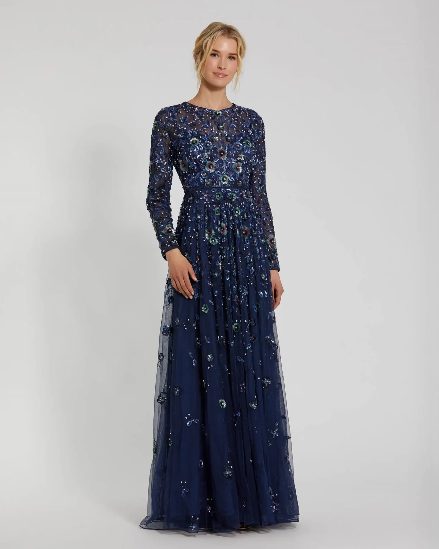 Navy Embellished High Neck Long Sleeve A Line Gown - Mac Duggal | Mac Duggal