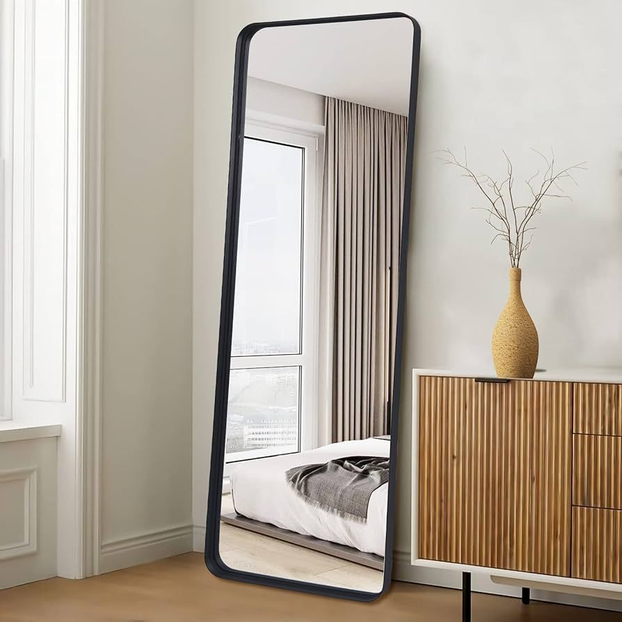 KOCUUY Full Length Mirror, 64" x 21" Black Floor Length Mirror Round Corner with Metal Deep Frame... | Amazon (US)