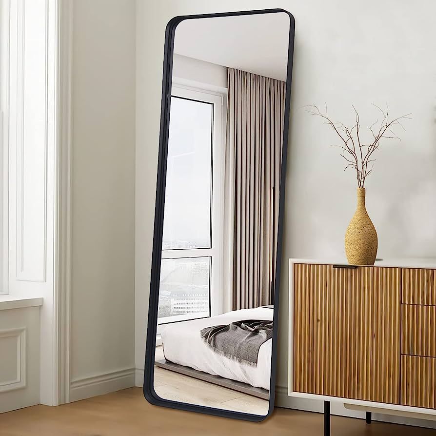 KOCUUY Full Length Mirror, 64" x 21" Black Floor Length Mirror Round Corner with Metal Deep Frame... | Amazon (US)