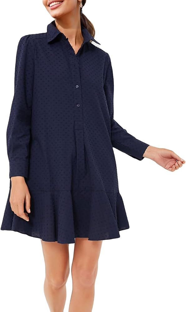 Women‘s Tunic Shirt Mini Dress Long Sleeve Cotton Short Dress Button Up Ruffle Hem Shift Dresse... | Amazon (US)