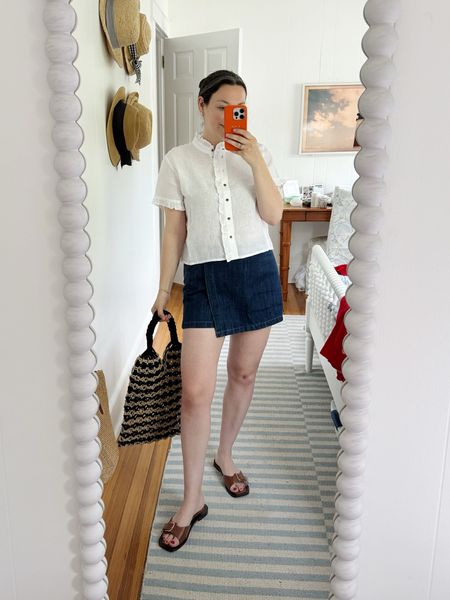 J. Crew pre summer, denim skirt, cropped linen button up 