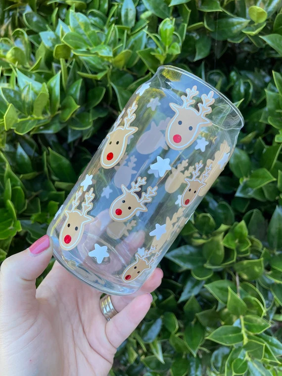 Reindeer Glass Can Cup, Christmas Beer Glass Cup, Christmas Iced Coffee Glass Cup, Glass Coffee C... | Etsy (US)