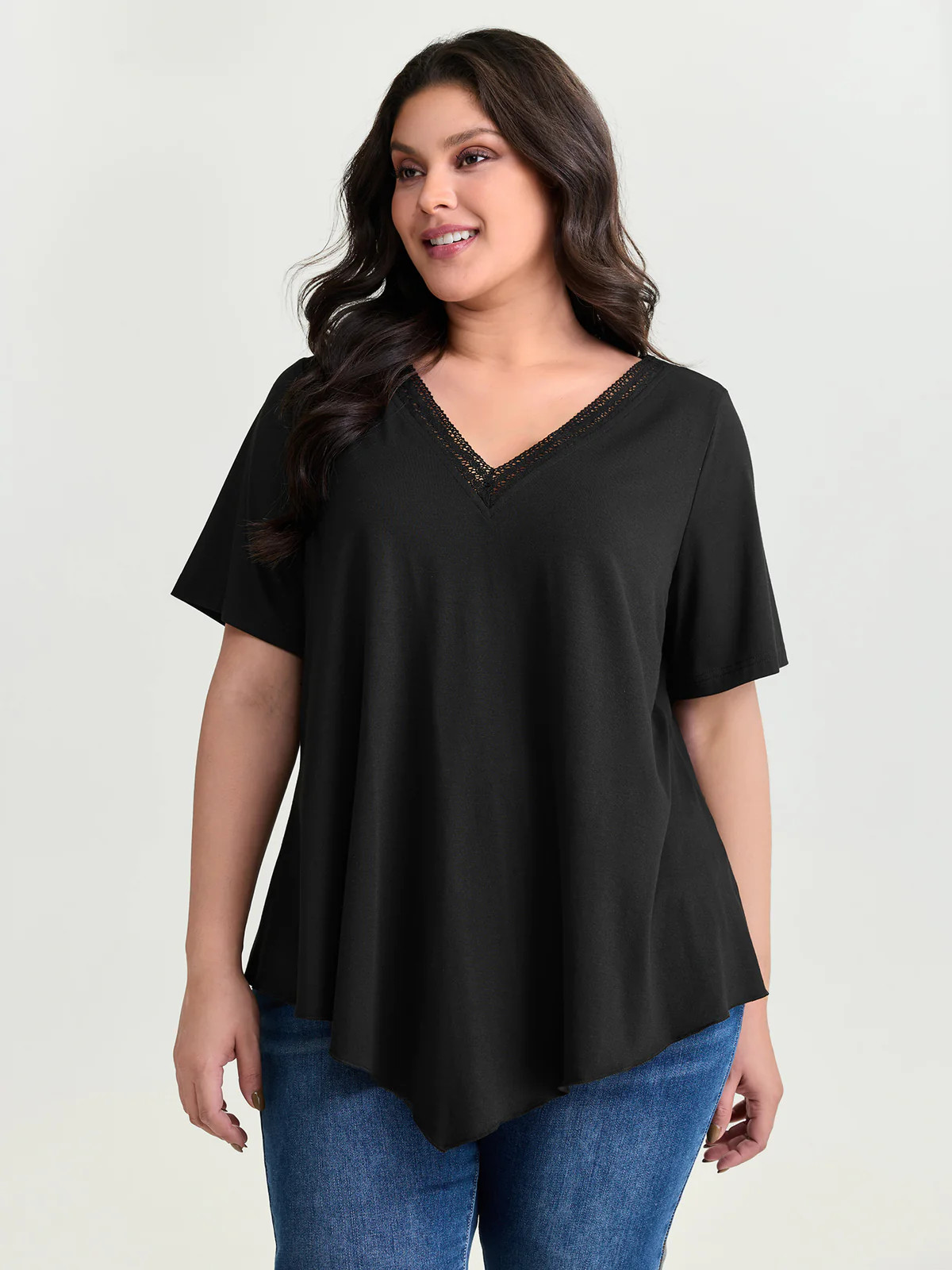 Supersoft Stretchy Draped Lace Trim Plain T-Shirt | Bloomchic