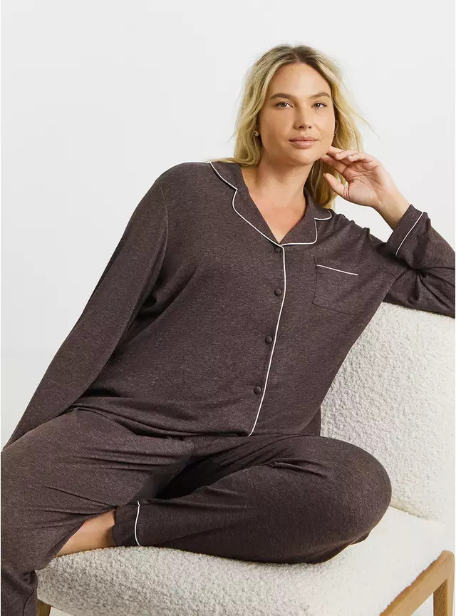 SIMPLY BE Pretty Secrets Supersoft Ribbed Button Through Pyjama Set Brown 8-10 | Tu Clothing