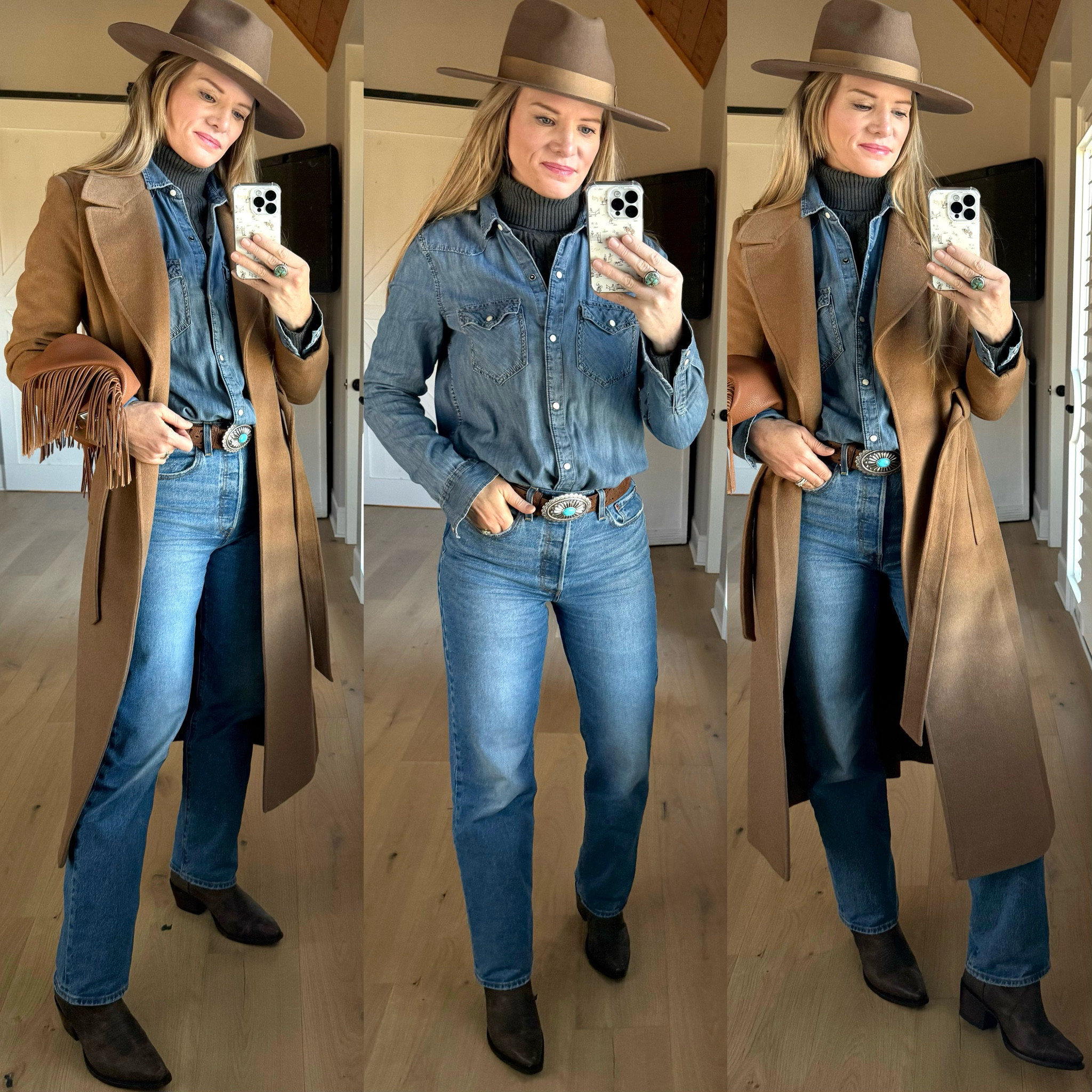 Denim on denim outfit

Size reference 5’ 9” 140 lbs

Camel wrap coat - 8
Lauren Ralph Lauren

Denim western shirt - medium tall
(Gap several years old)

Turtleneck sweatshirt - small

High rise jeans - 27 x 32

Western boots - sized up 1/2 size

Hat - old urban outfitters
Fringe Bag - old Rebecca Minkoff

Western jeans outfit. Cowboy boots. Winter jeans outfit. Western style. Western outfit. Classic style outfit. Ralph Lauren. 

#LTKFindsUnder50 #LTKOver40 #LTKSaleAlert