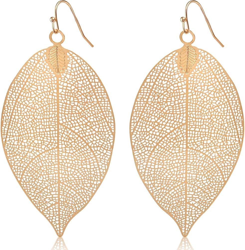 Humble Chic Leaf Earrings for Women - Gold, Rose, or Silver Tone Delicate Filigree Dangle Earring... | Amazon (US)