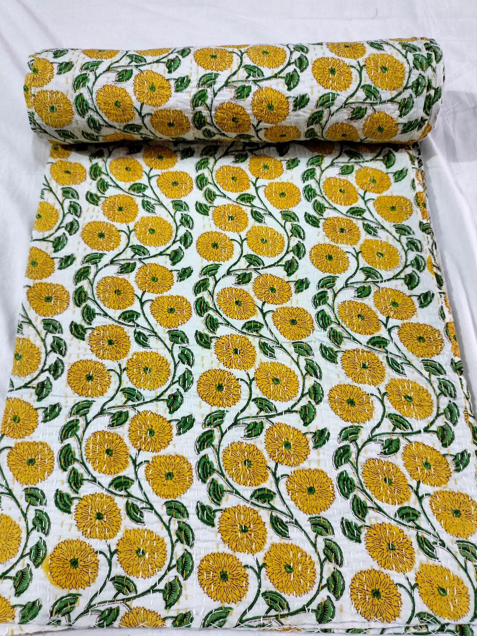 Indian Handmade Yellow & Green Floral Print Queen Kantha Quilt Throw Blanket Bedspread Handmade T... | Etsy (US)