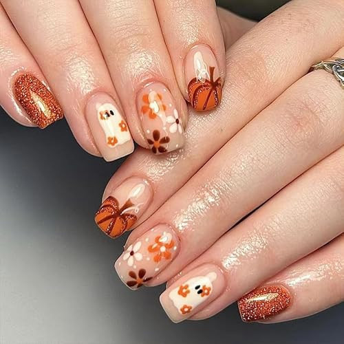 24Pcs Halloween Press on Nails Short Square Fake Nails with Orange Glitter Design Halloween Glue on Nails Full Cover Halloween Nails Stick on Nails for Women and Girls Halloween Nail Art Decoration | Amazon (US)