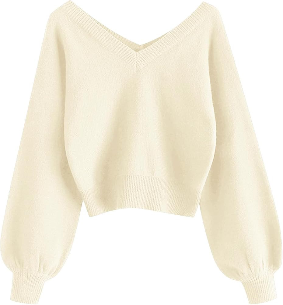 ZAFUL Women's Cropped Sweater V-Neck Long Sleeve Pullover Jumper Knit Top | Amazon (US)