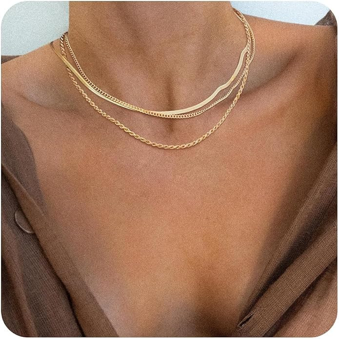Gold Layered Necklace Set for Women,3 Piece Dainty Stackable Necklaces,14k Gold Plated Herringbon... | Amazon (US)