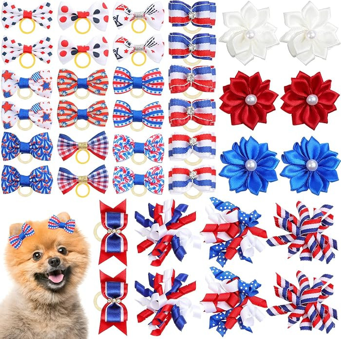 Weewooday 40 Pcs 4th of July Dog Hair Bows Patriotic Bows with Elastic Rubber Bands Memorial Day ... | Amazon (US)