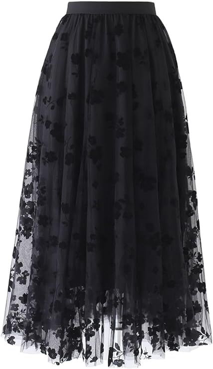 CHICWISH Women's Caramel/Dusty Blue/White/Black 3D Posy Double-Layered Mesh Midi Skirt | Amazon (US)