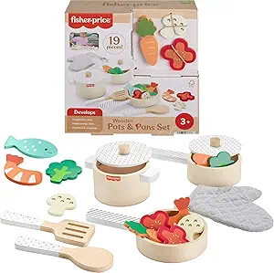 Fisher-Price Wood Kitchen Pretend Play Toy Pots & Pans Set, 19-Piece Playset Wooden, Metal & Fabr... | Amazon (US)