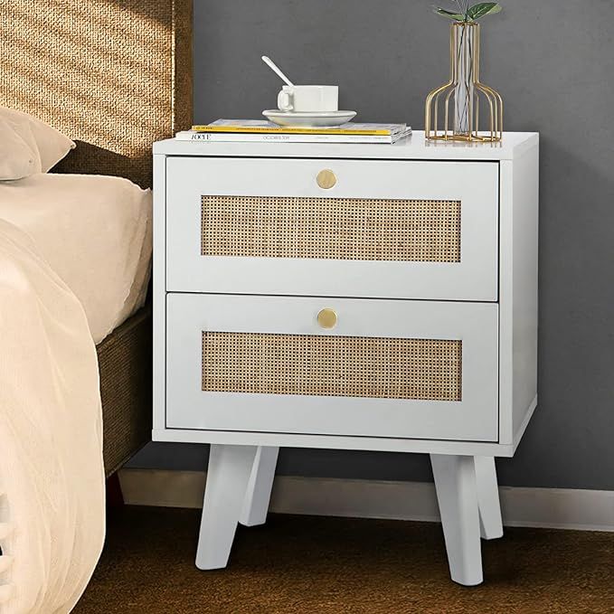 Giluta Modern Wood Nightstand with Rattan 2 Drawers, Mid Century Accent Side Table Farmhouse Trad... | Amazon (US)