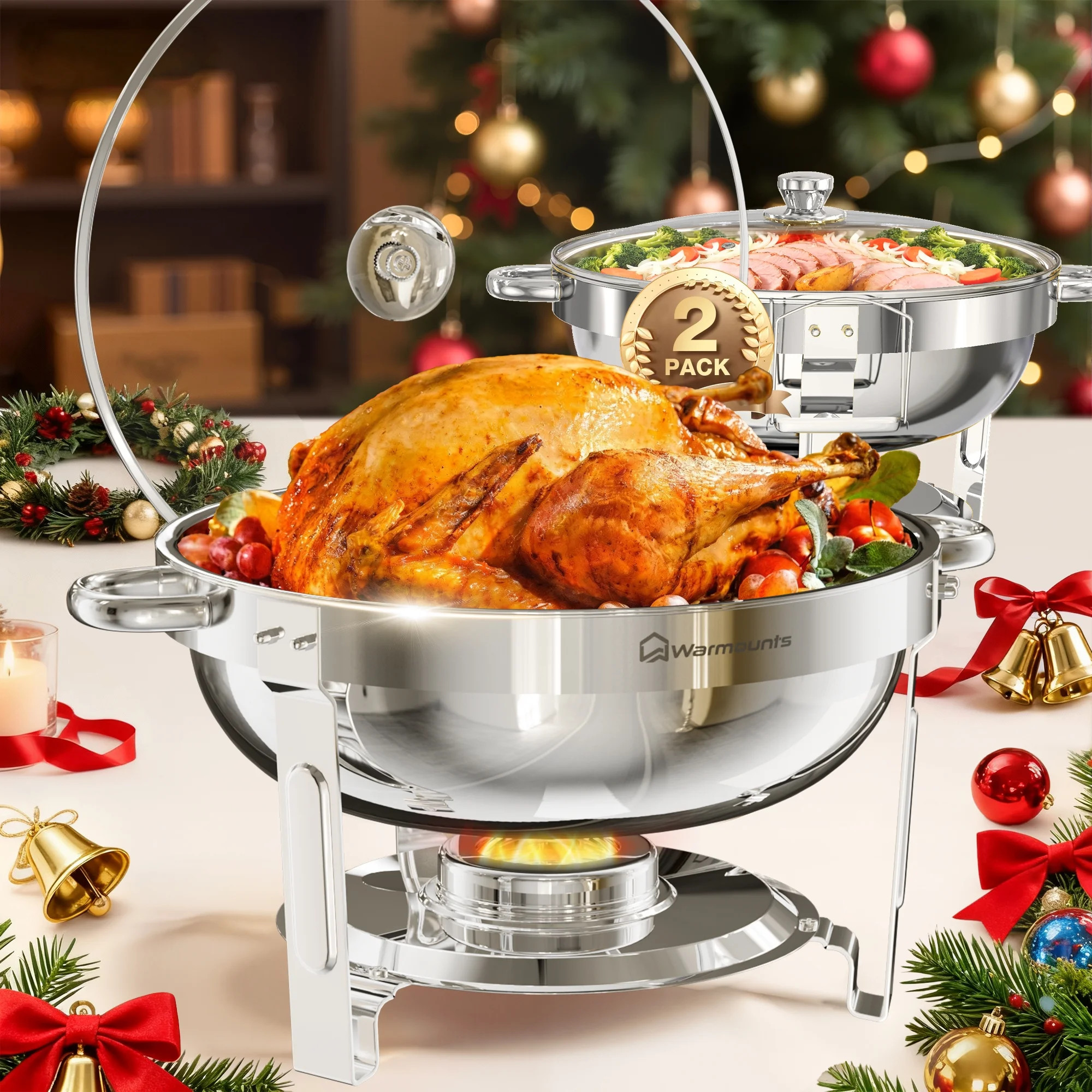 WARMOUNTS Round Chafing Dish Buffet Set 2 Pack, 5QT Buffet Chafe Warmer Set, Polished Stainless S... | Walmart (US)
