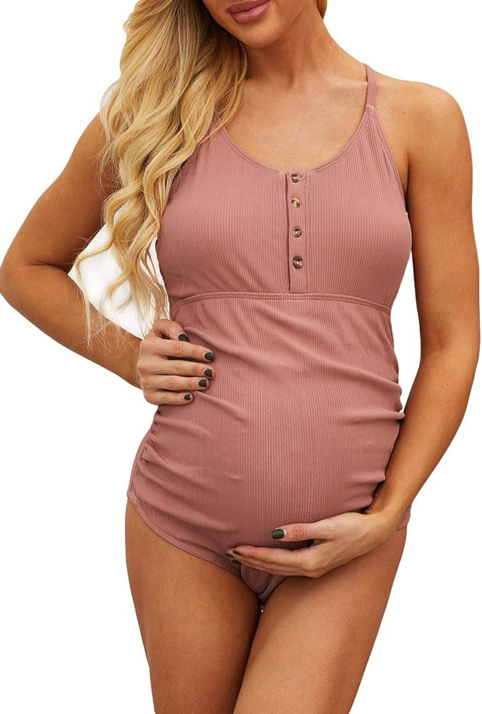 Women's Ribbed Snap Front One Piece Maternity Swimsuit Spaghetti Strap Ruched Swimwear Bathing Su... | Amazon (US)