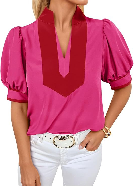 Cicy Bell Womens Color Blcok Puff Sleeve Blouses Summer Casual Dressy V Neck Tops Loose Fit Tee S... | Amazon (US)