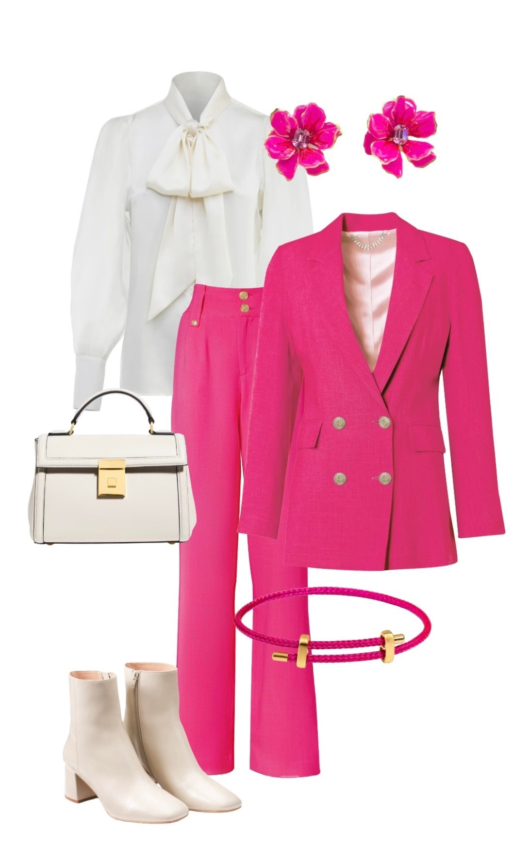 

Hot Pink Double Breasted Blazer (same colour also available in shorter Knightsbridge Jacket) Trousers & Bow Blouse - Holland and Cooper

Paris Top Handle Bag in Off White Leather - Demellier

Pink Jewel Box Flower Earrings - Pink Reef at Wolf & Badger 

Fushia Pink Adjustable Gold Rope Bracelet - Ebru Jewelry at Wolf & Badger 

Ivory Leather Ankle Boots - La Redoute 

#LTKuk #LTKeurope #LTKluxury