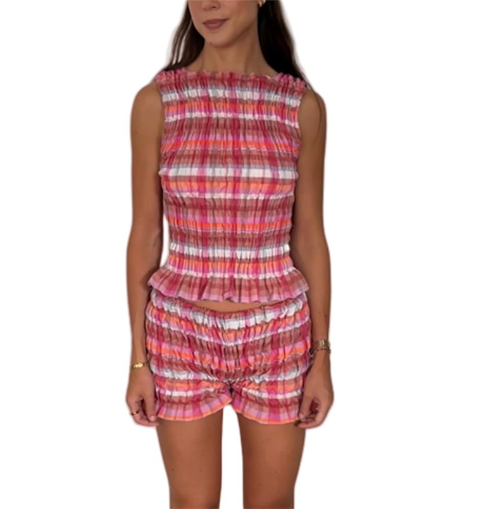 Women Shirred Tank Top Shorts Set Two Piece Lounge Pajamas Set Sleeveless Pleated Cop Top Ruched ... | Amazon (US)