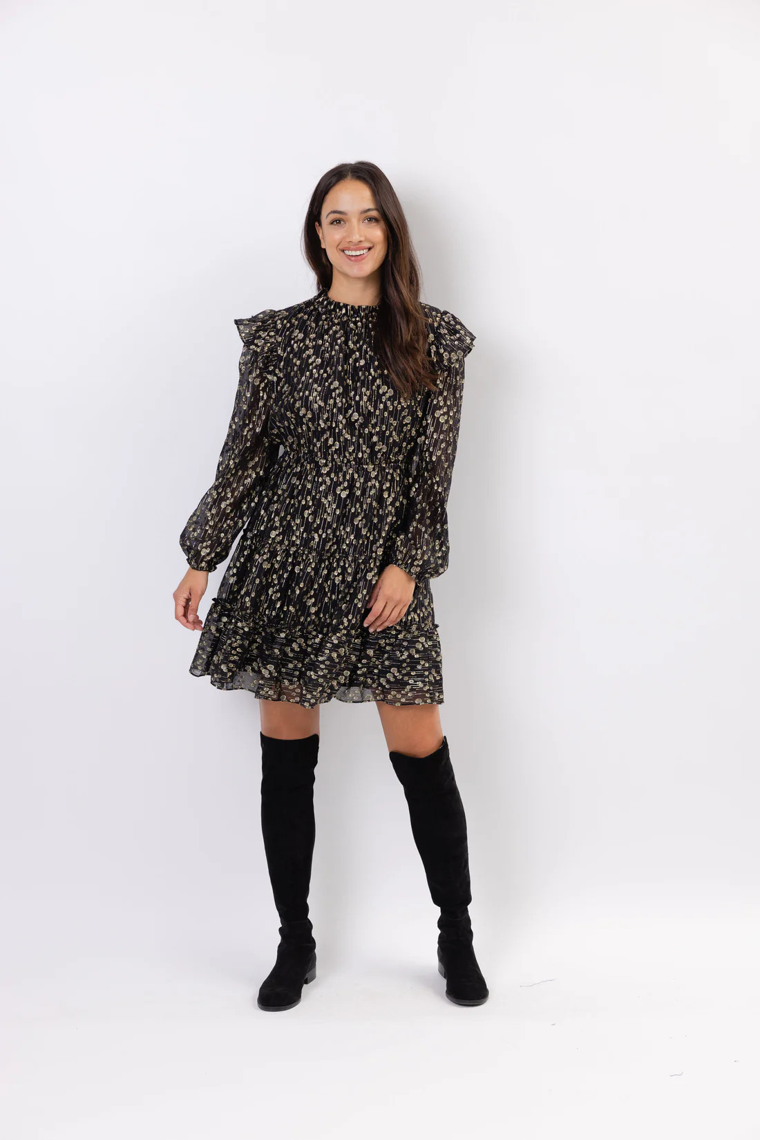 Black Metallic Ruffle Neck Dress | Sail to Sable