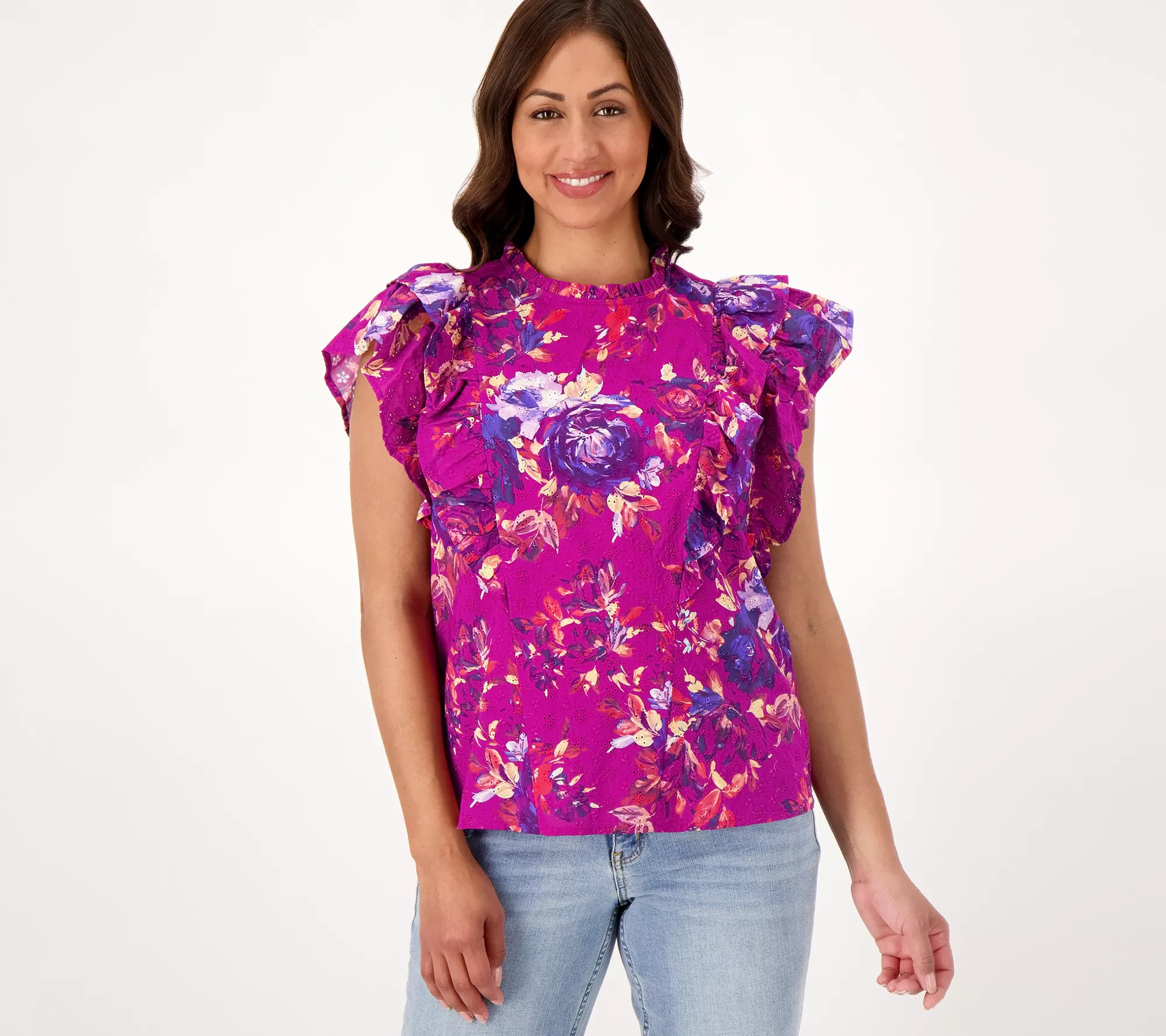 Candace Cameron Bure Printed Eyelet Top with Ruffle Detail - QVC.com | QVC
