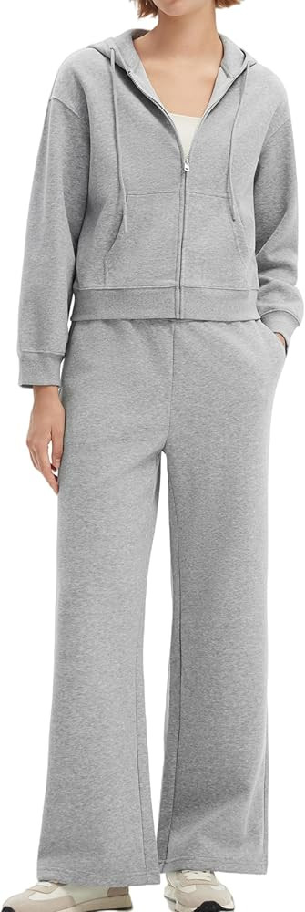 SUUKSESS Womens 2 Piece Sweatsuits Outfits Zip Up Hoodie Tracksuit Straight Wide Leg Sweatpant Lo... | Amazon (US)