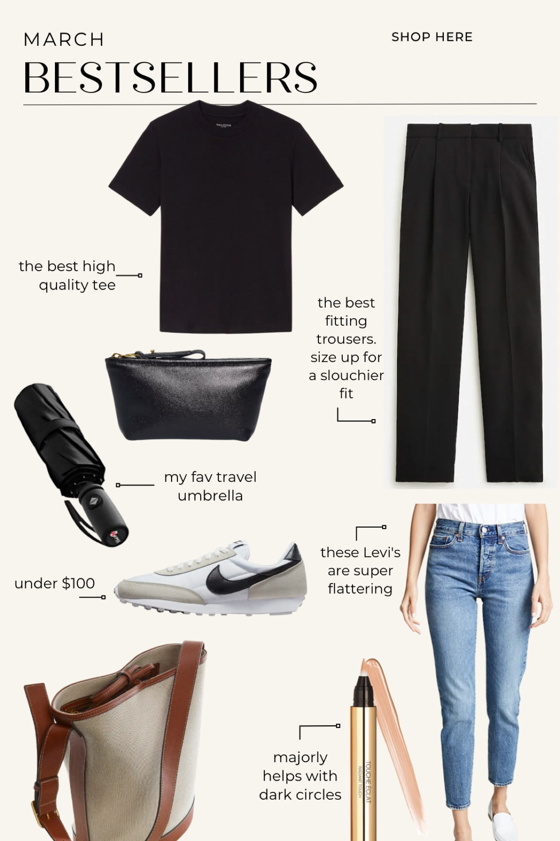 February bestsellers!
The best t-shirt (fits TTS)
Trousers
Pouch from Madewell
Travel umbrella
Nike sneakers
Mango bucket bag
Levi’s jeans (TTS) and under $100
Ysl concealer 

#LTKSeasonal
