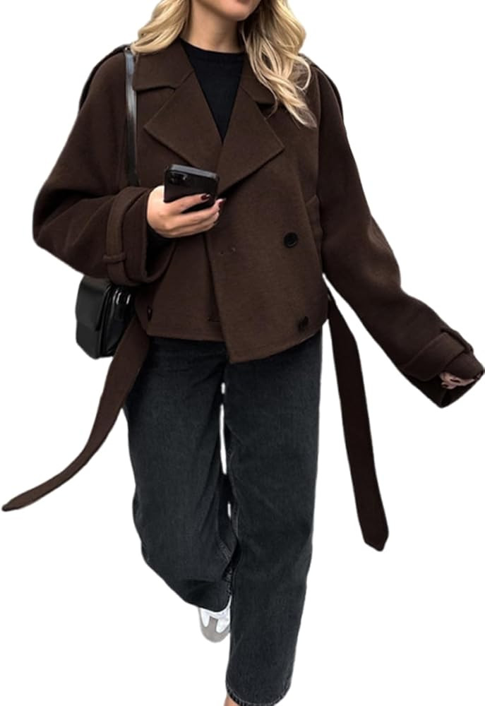 utcoco Womens Cropped Wool Coats Belted Double Breasted Pea Coat Short Jacket Notched Lapel Trenc... | Amazon (US)