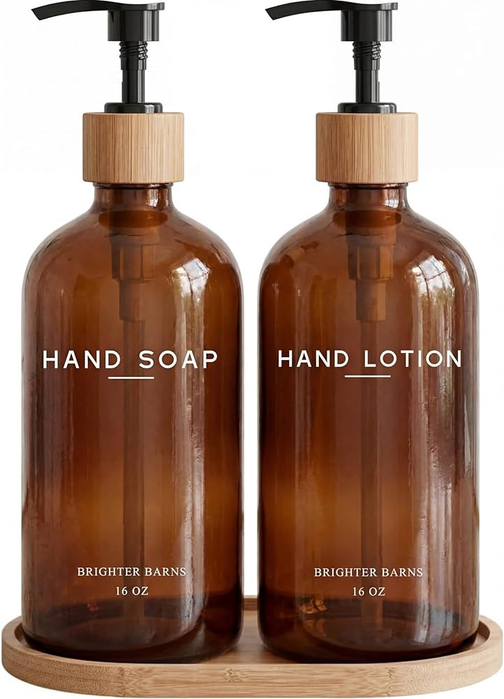 Amber Glass Soap and Lotion Dispenser Set with Tray by Brighter Barns - Hand Soap Dispenser Bathr... | Amazon (US)