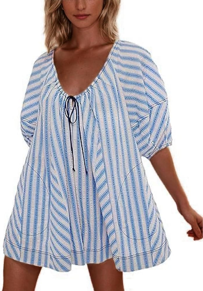 KEOMUD Summer Striped Rompers for Women 2024 Casual Loose Puffy Short Sleeve Scoop Neck Wide Leg ... | Amazon (US)