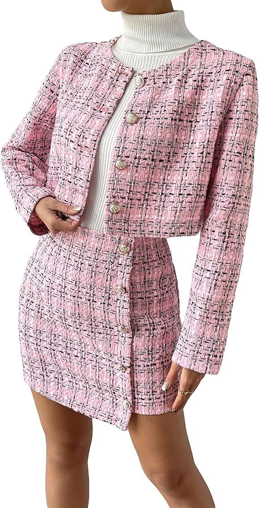 Floerns Women's 2 Piece Outfits Plaid Tweed Blazer Long Sleeve Jacket and Skirt Set | Amazon (US)