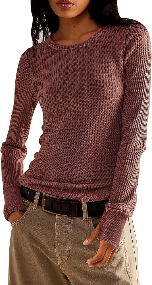 Women's Waffle Knit Tops Long Sleeve Shirts Casual Slim Fitted Crew Neck Pullover Shirts | Amazon (US)
