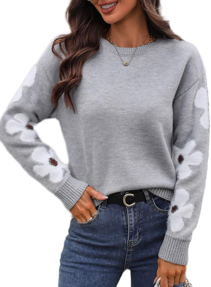 Women's Casual Crewneck Sweaters 2024 Fall Winter Fashion Floral Pattern Long Sleeve Trendy Drop ... | Amazon (US)