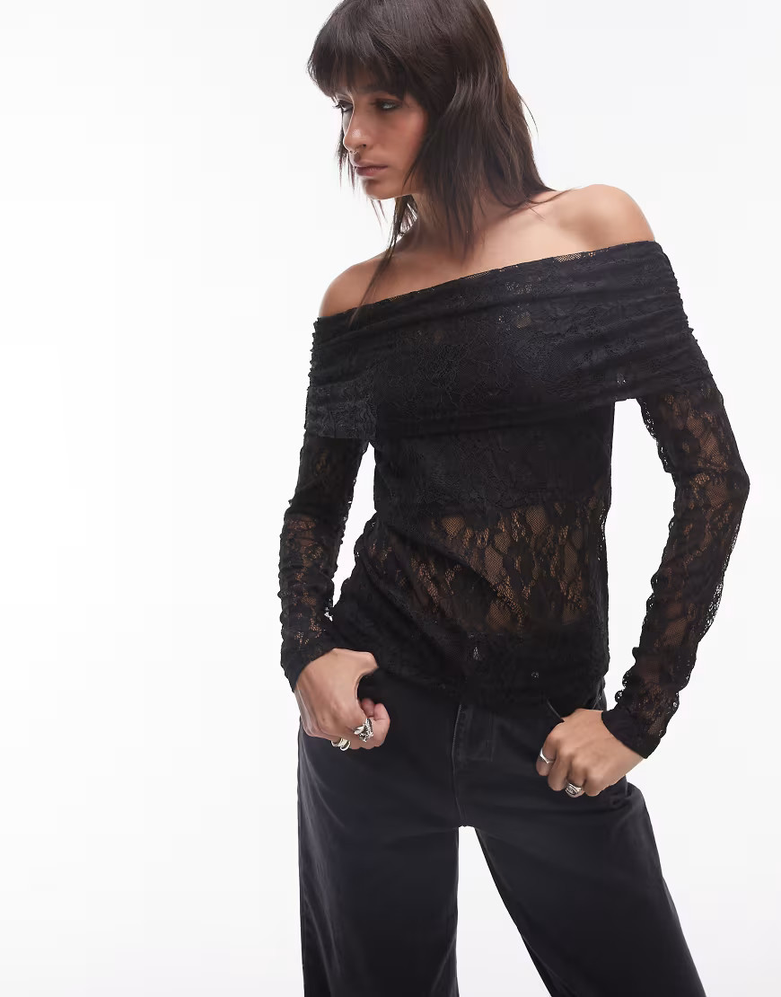 Selected Femme long sleeve lace off the shoulder top in black | ASOS (Global)