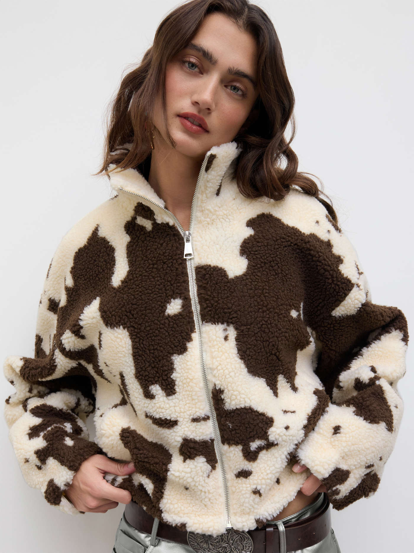 Fleece Fleece Funnel Neck Print Drawstring Oversized Jacket For Daily Casual | Cider