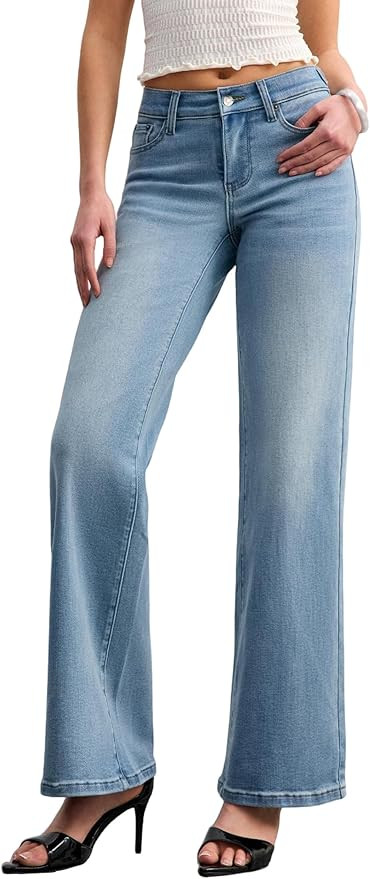 Women's Adjustable Waist Baggy Jeans with Snap-Button Waistband Wide Straight Leg High Rise Jeans... | Amazon (US)