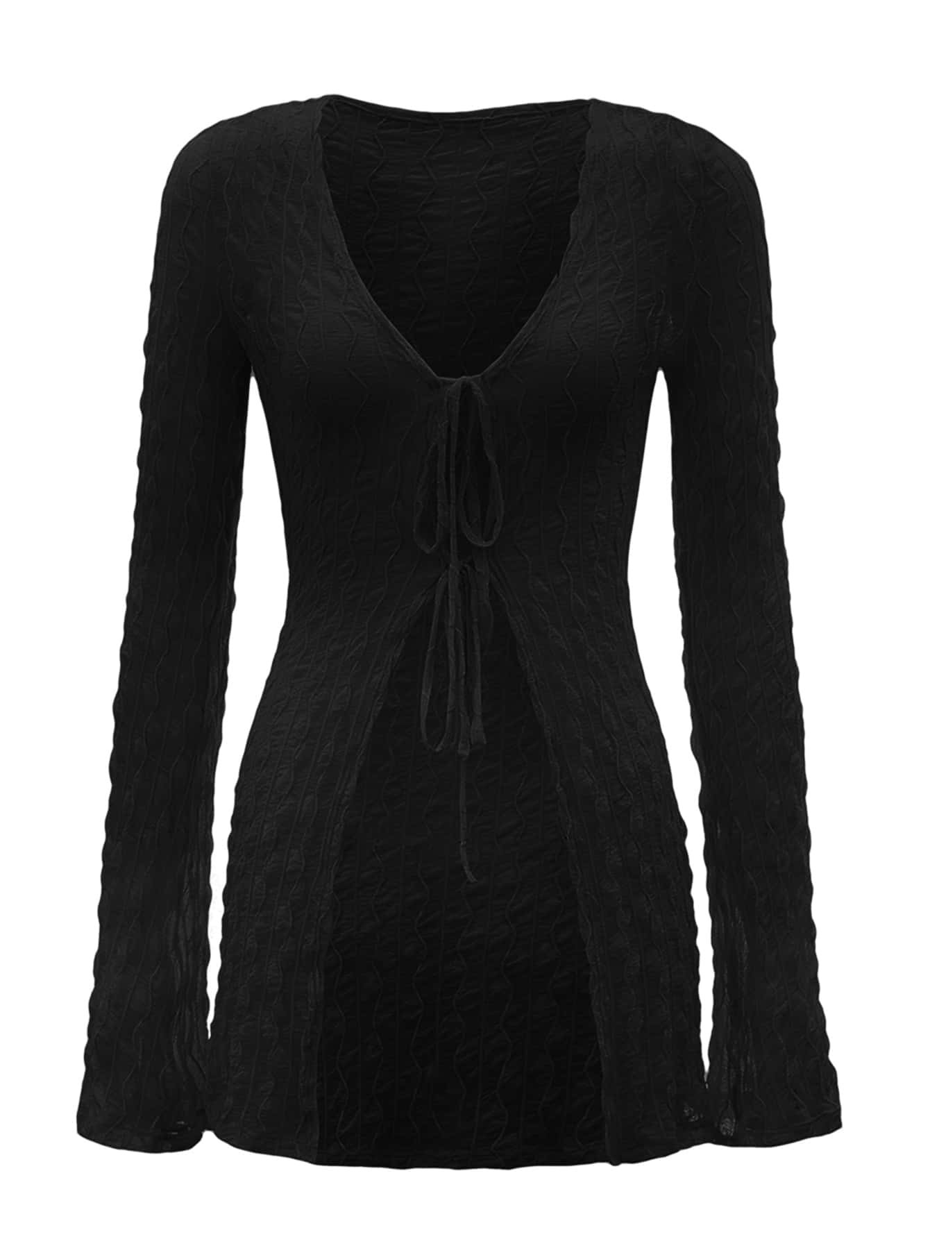 SHEIN 90s Bell Sleeve Tie Front Textured Sheer Top | SHEIN